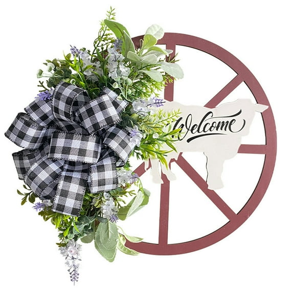Christmas Wagon Wheel Wreath for Front Door Evergreen Garland Buffalo Plaid Bow Natural Artificial Pine Wreath Outdoor Garden Porch Hanging Decoration Wall Grapevine Decor 13.7 inch