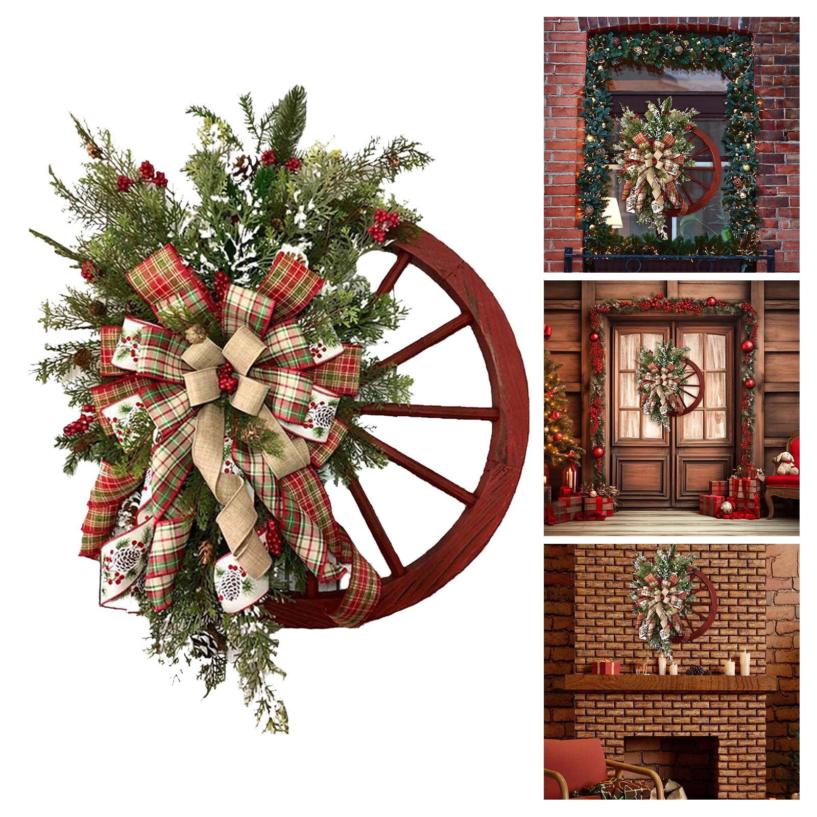 Visual Reference: Christmas Wagon Wheel Wreath For Front Door Red Wooden Wagon
