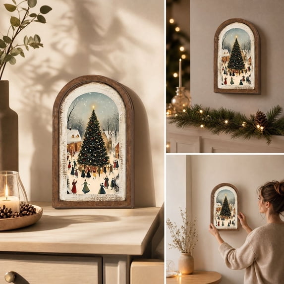 Christmas Wall Art Arched Framed Vintage‑Print Decor Accessory for Indoor Holiday Wall Display