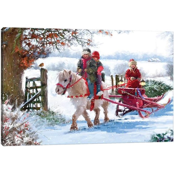 Christmas Wall Art - Christmas Canvas Painting, Winter Snow House Scene Pictures, Santa Sleigh Canvas Prints Gift for Room Decor, Christmas Snowman Framed Artwork for Home Wall Decor (12x18 Inches)