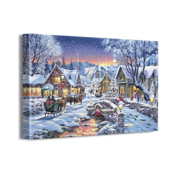 Christmas Wall Art Christmas Canvas Painting, Winter Snow House Scene Pictures, Santa Sleigh Canvas Prints Gift for Room Decor, Christmas Snowman Framed Artwork for Home Wall Decor (18x13 Inches)