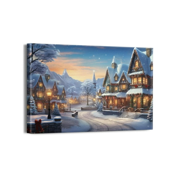 Christmas Wall Art - Christmas Canvas Painting, Winter Snow House Scene Pictures, Santa Sleigh Canvas Prints Gift for Room Decor, Christmas Snowman Framed Artwork for Home Wall Decor 18"x12"