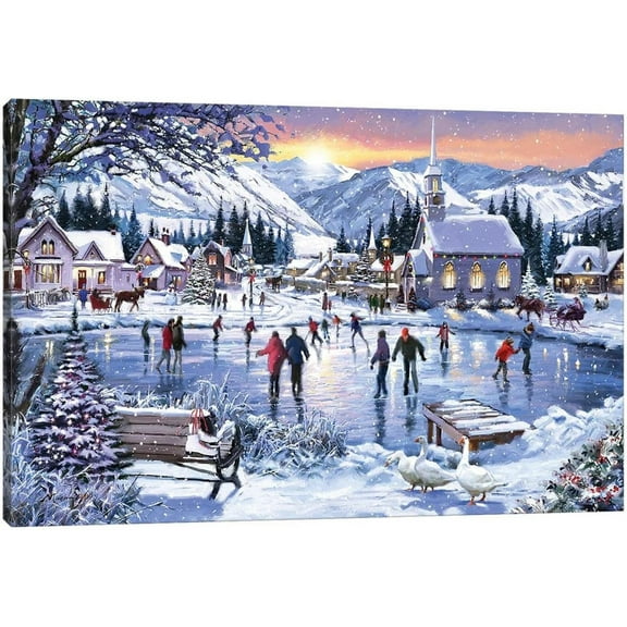Christmas Wall Art - Christmas Canvas Painting, Winter Snow House Scene Pictures, Santa Sleigh Canvas Prints Gift for Room Decor, Christmas Snowman Framed Artwork for Home Wall Decor (12x18 Inches)