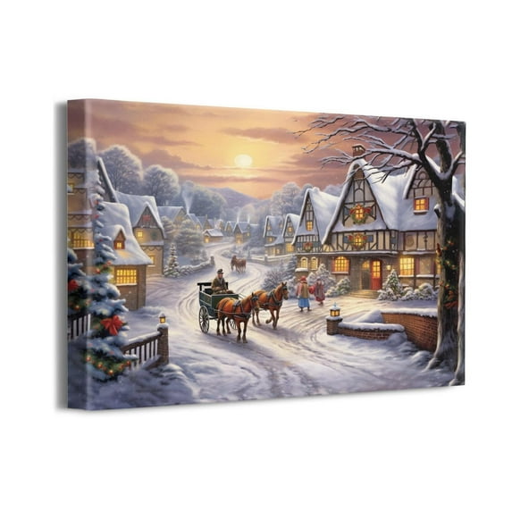 Christmas Wall Art - Christmas Canvas Painting, Winter Snow House Scene Pictures, Santa Sleigh Canvas Prints Gift for Room Decor, Christmas Snowman Framed Artwork for Home Wall Decor (16x12 Inches)