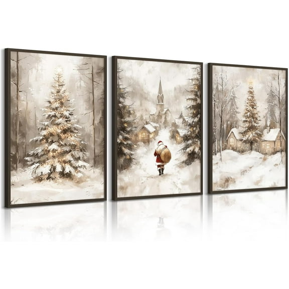 Christmas Wall Art Decor Winter Santa Pictures Vintage Christmas Canvas Poster Snowy Pine Trees Wall Art Xmas Forest Prints Santa Claus Painting Artwork 16"x20" inch Unframed