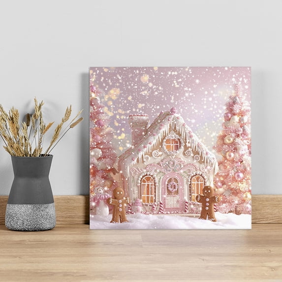 Christmas Wall Art Painting on Canvas, Pink Xmas Farmhouse Snowflake Tree Canvas Art Home Prints Wall Art Framed Modern Artwork for Living Room Bedroom Wall Decor 8x8in