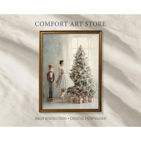 Christmas Wall Art Print Vintage Ballerina Print Nutcracker Painting Holiday Decor Christmas Tree Festive Printable Christmas Gifts Digital, F304, Unframed Canvas Size 8x12