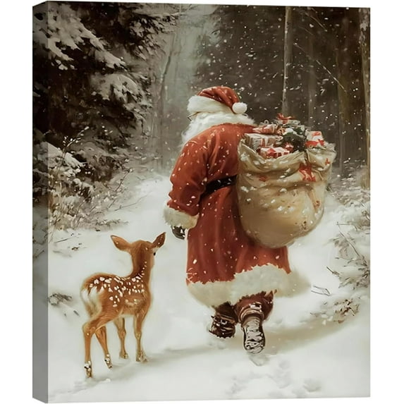 Christmas Wall Art, Santa Claus & Deer Canvas Prints, Christmas Pictures Wall Decor for Living Room & Bathroom, Holiday Painting for Bedroom Party Winter Cottage Artworks Gifts