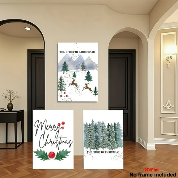 Christmas Wall Art Set of 3 - Festive Snowy Forest Scene with "Merry Christmas" Sign, Golden Accents, and Decorative Elements - Frameless Canvas Print for Holiday Home Decor, Christmas Decorations,