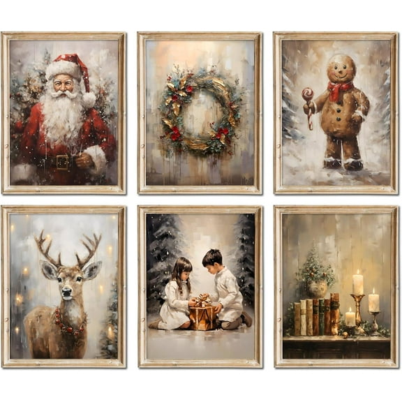 Christmas Wall Art set of 6 Christmas Pictures Wall Decor Winter Vintage Holiday Gallery Print Santa Claus Candles Gingerbread Man Deer, Canvas Santa Oil Painting Christmas Holiday Decor 8"X10"