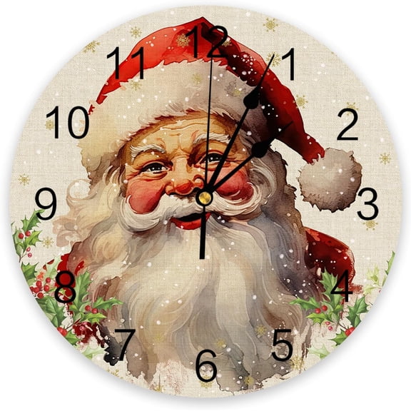 Christmas Wall Clock 12 Inch Silent Non-Ticking Santa Claus Wall Clocks Battery Operated-Elegant Xmas Hanging Clock Winter Snowflake Berry Clock for Office,Home,Kitchen,Bedroom,School,Living Room