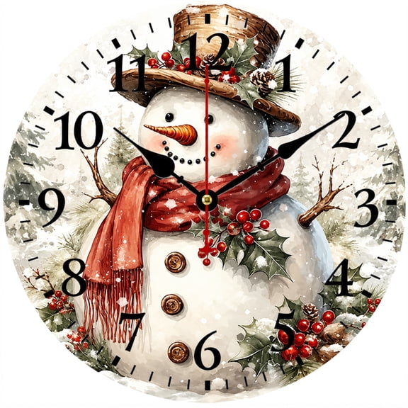 Christmas Wall Clock 9.84 Inch, Snowman Holiday Decorative Wall Clock with Large Numbers, Battery Operated Analog Clock for Kitchen Living Room Bedroom Farmhouse Home Decor