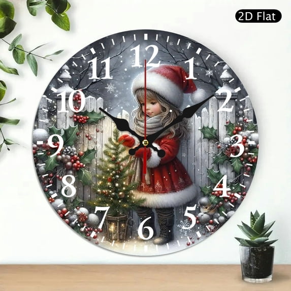 Christmas Wall Clock Little Girl Decorating Tree Round Silent ...