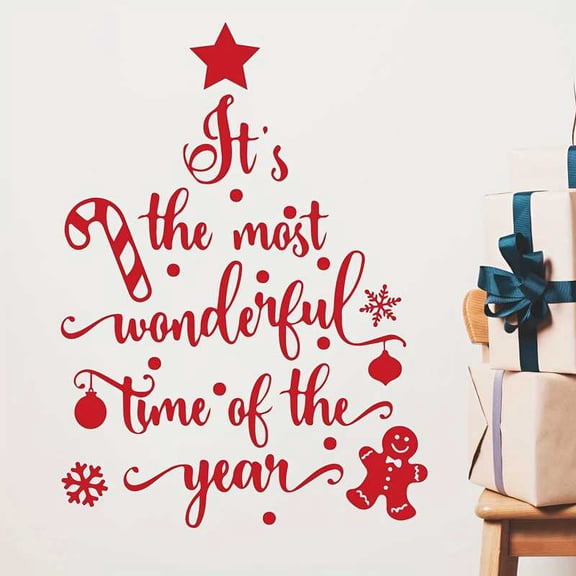 Christmas Wall Decal, It's The Most Wonderful Time of The Year Quote Tree Shape Vinyl Wall Sticker, Gingerbread Man Snowflake Candy Cane Art Mural for Living Room Home Holiday Decor