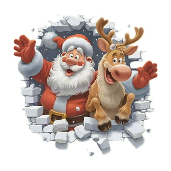 Christmas Wall Decals ornqment, Cute 3D Santa Claus Elk Wall Breaking Wall Stickers Removable Home Decoration For Party Supplies