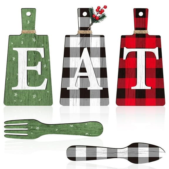 Christmas Wall Decor Cutting Board Eat Sign Set Kitchen Hanging Art Fork and Spoon Rustic Style for Home Christmas Decor