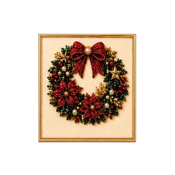Christmas Wall Decor Diy Bead Embroidery Kit, Festive Wreath Framed Wall Art for Home, Holiday Craft for Adults, Gold Framed Wall Art for Living Room Bedroom Decor