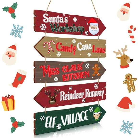 Christmas Wall Decor - Santa Wood Door Sign, Rustic Arrow Hanging Plaque for Holiday Indoor Outdoor Porch Wreaths