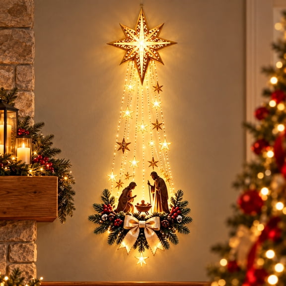 Christmas Wall Decoration with Lights Glowing Nativity Scene Wall Decor with Bethlehem Star Warm LED Holiday Art Wall Decor 10.6x23.6 Inch