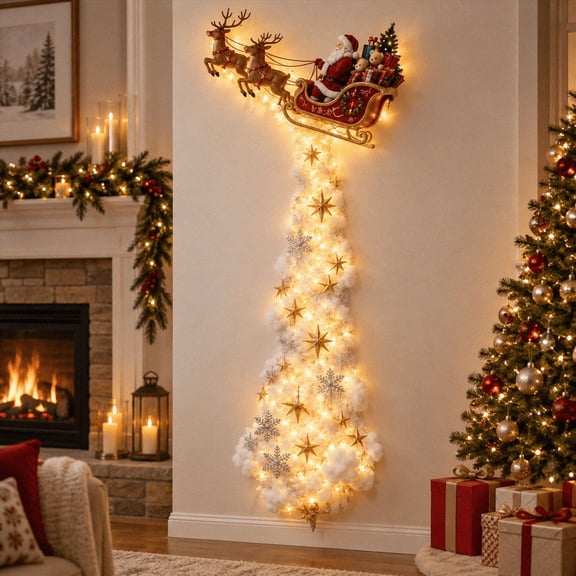 Christmas Wall Light Santa Reindeer Sleigh Design with Illuminated Cloud Trail Star Snowflake Accents for Indoor Holiday Decor