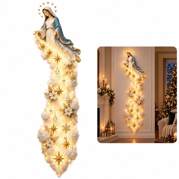 Christmas Wall Light Virgin Mary Decor, 39" LED Religious Cloud Lamp with Gold Stars, Warm White Lighted Holiday Sconce for Home Church Prayer Room Indoor Outdoor Decoration