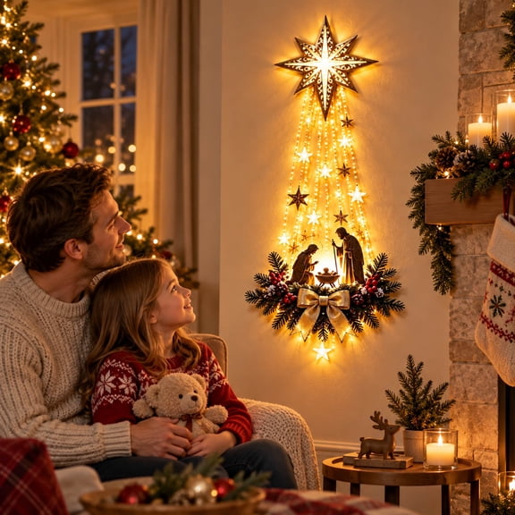 Christmas Wall Star Light, LED Holy Family Nativity Wall Sign, Warm Glowing Night Light, Indoor Holiday Decoration