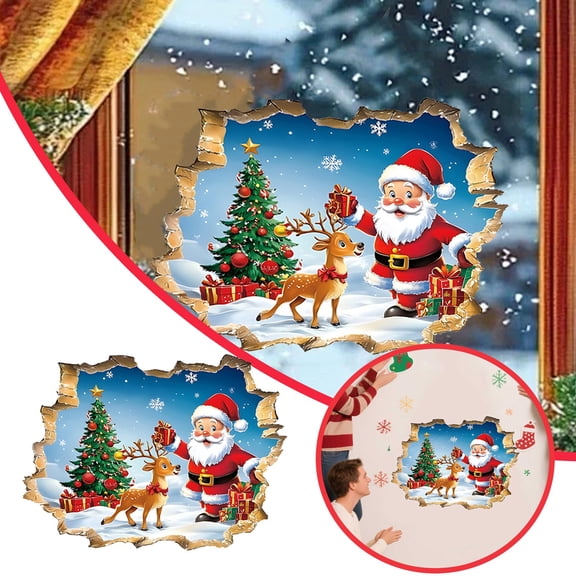 Christmas Wall Sticker - Large 3D Santa Deer Wall Decals Door Stickers Removable Winter Holiday Xmas Break Through Walls for Window Refrigerator Deco