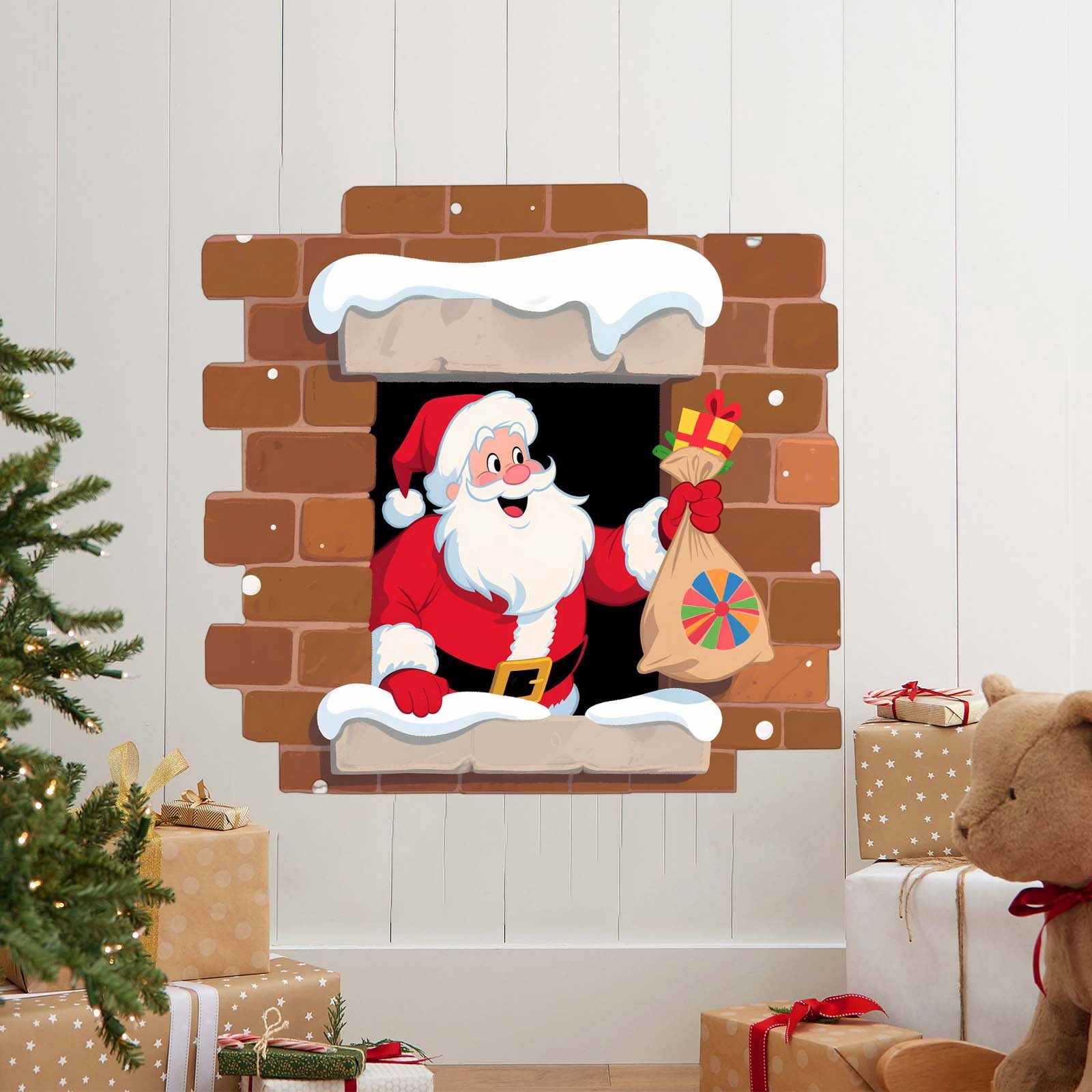 Santa Brick Christmas Wall Sticker With Santa Claus Holding Gift Bag Breaking ...