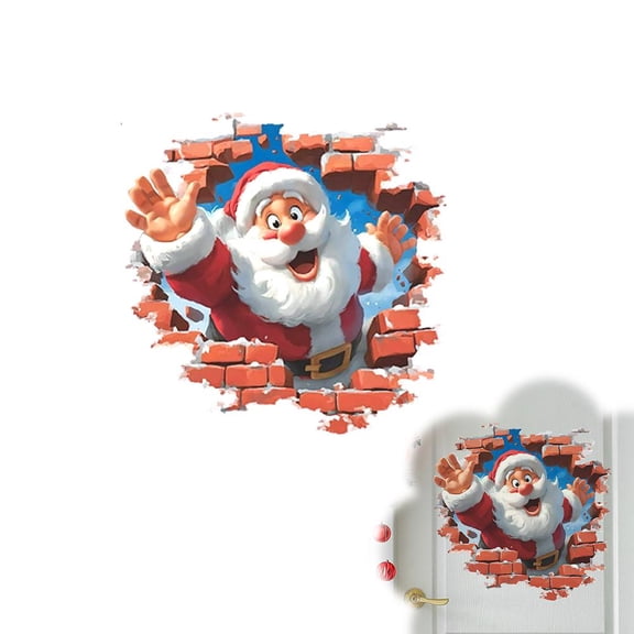 Christmas Wall Sticker With 3D Santa Claus Brick Wall Illusion For Holiday Decor