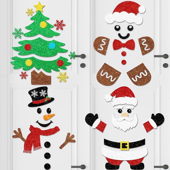 Christmas Wall Stickers, 4 Style Christmas Window Clings, Large Merry Xmas Wall Decorations Santa Snowman Gingerbread Christmas Tree Decals for Holiday Party Decor