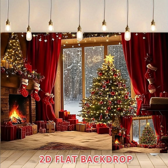 Christmas Warm Fireplace Snow Scene Backdrop, Festive Party Indoor Decoration Photography Background, Suitable for Christmas Themed Shooting and Family Gathering Scenarios