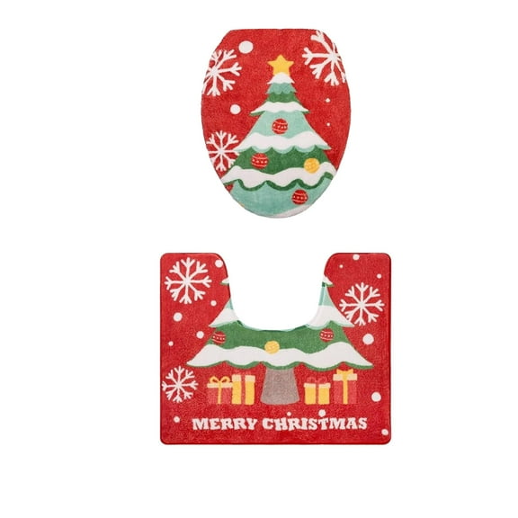 Christmas Washable Bathroom Rugs Set, Bath Mats Non Slip for Christmas Decor, Xmas Bath Mat & Toilet Seat Cover, Toilet Mat U Shape for Bathroom (A)
