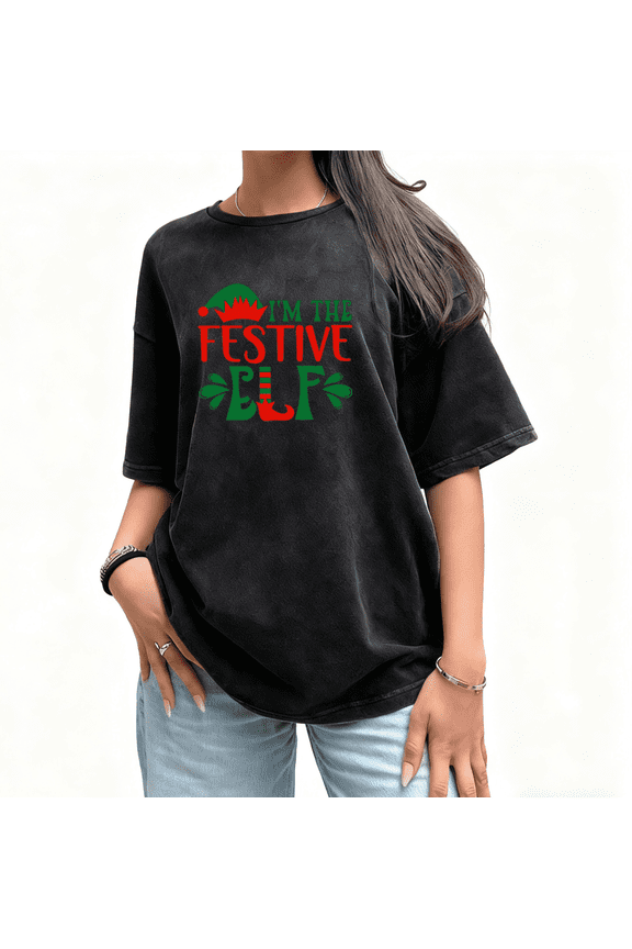 Christmas Washed Black Print Tshirt Graphic Tees Shirts S - 2XL Fun Elf Xmas Tops