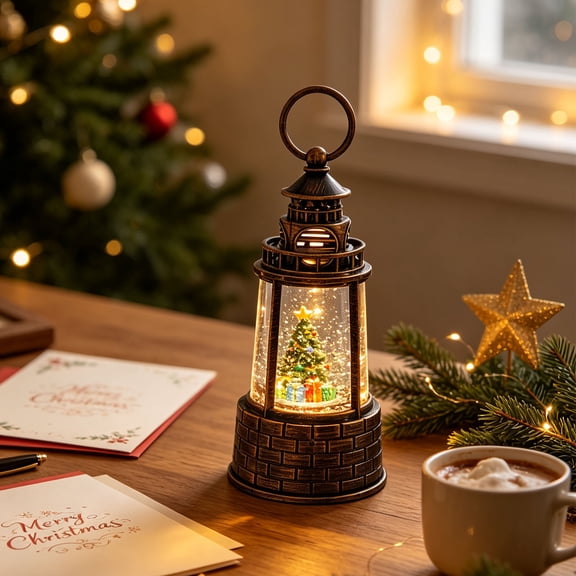 Christmas Water Filled Snow LED Ornament, Vintage 3D Holiday Decor With Floating Snowflake Effect Warm LED Glow and Sealed Design for Window Shelf Desktop Christmas Party Display