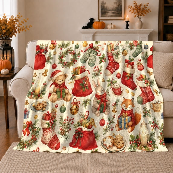 Christmas Watercolor Animals Teddy Bear Fox Holiday Scene, Festive Holiday Scene, Warm Flannel Blanket for Living Room and Reading Nook, Art Lovers Christmas Gift, Festive Home Decor