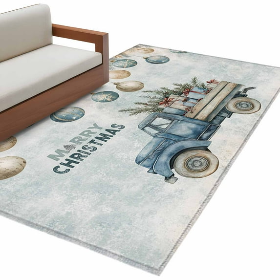 Christmas Watercolor Area&nbsp;Rug 2.7x5ft Christmas Balls Blue Truck Snowflake Pattern Non-Slip&nbsp;Washable Square&nbsp;Rugs Soft Felt Indoor Floor Mat for Bedroom Kitchen Living Room Bathroom