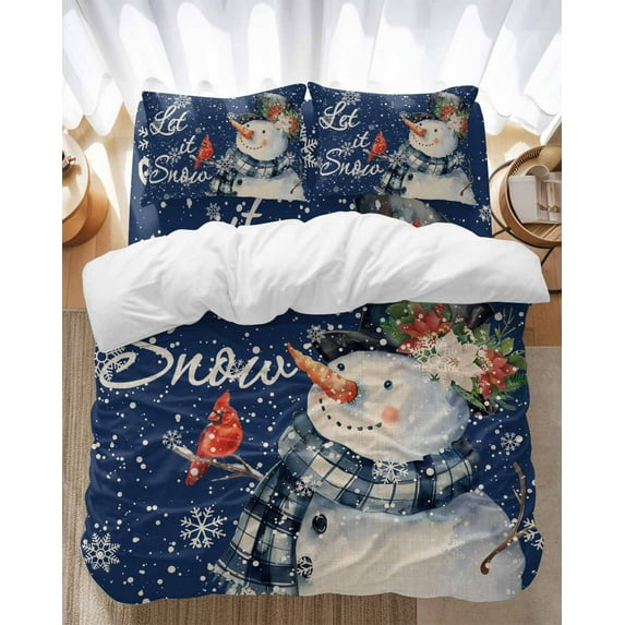 Christmas Watercolor Bedding Duvet Cover Set Twin Size 4 Pieces Snowman Snowflakes Blue Vintage Bedding Set with Zipper Closure, 1 Comforter Cover 68x86 Inches 1 Flat Sheet & 2 Pillow Cases