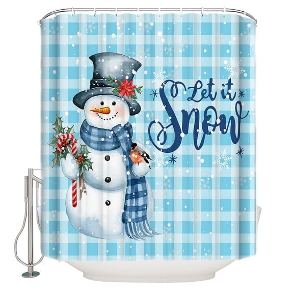 Christmas Watercolor Shower Curtain, 48" x 72", Snowman and Snowflakes Blue Plaid Waterproof Bathroom Curtain Washable Shower Curtain Set with 12 Hooks