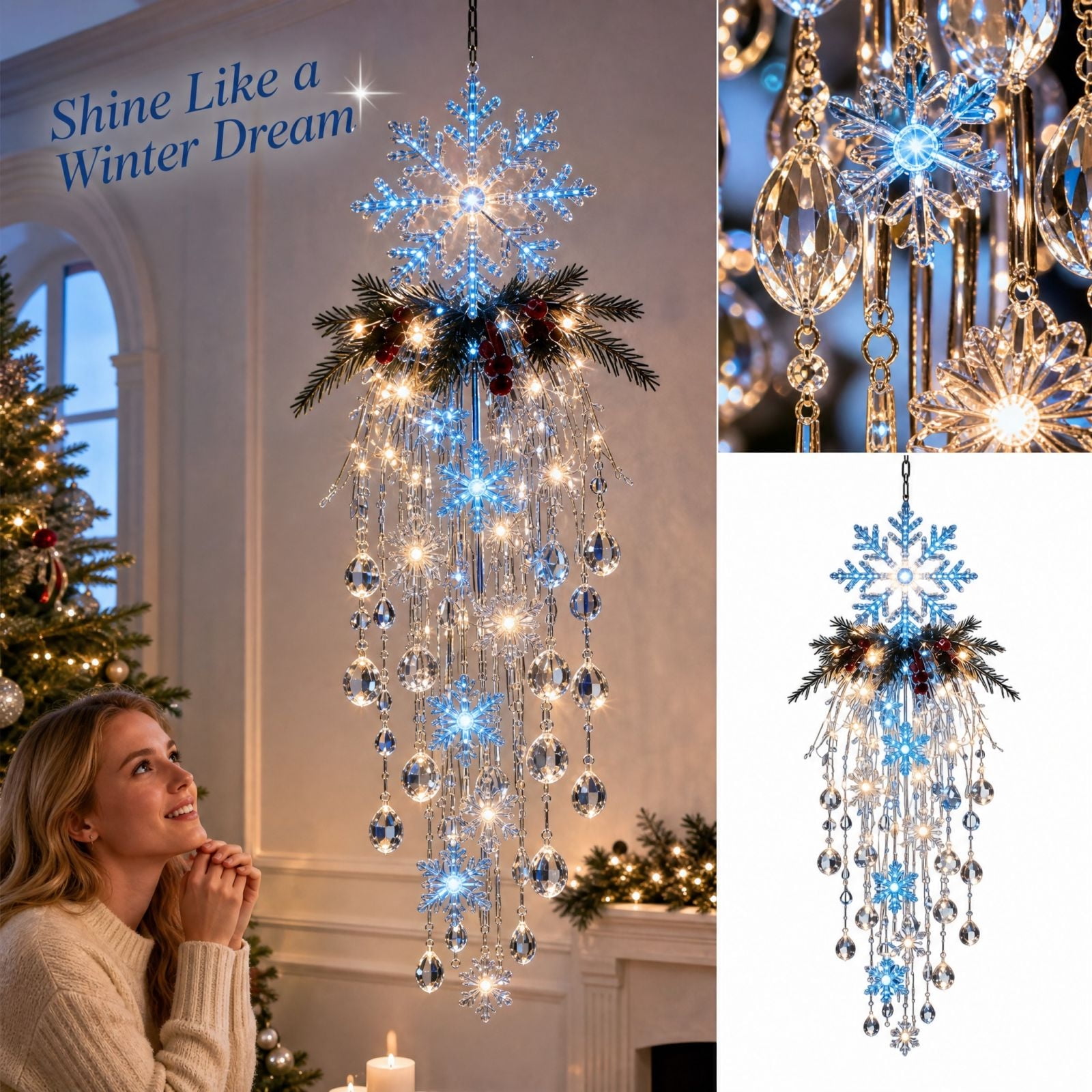 Christmas Waterfall Light, Hanging Snowflake Crystal LED Porch Decor