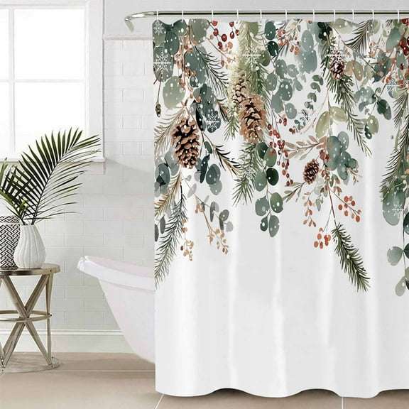 Christmas Waterproof Fabric Shower Curtain, Xmas Botanical Pinecone Eucalyptus Leaves Shower Curtain for Bathroom Curtains Bathtubs Hotel Washable Shower Curtains with 12 Hooks Small 36x78in
