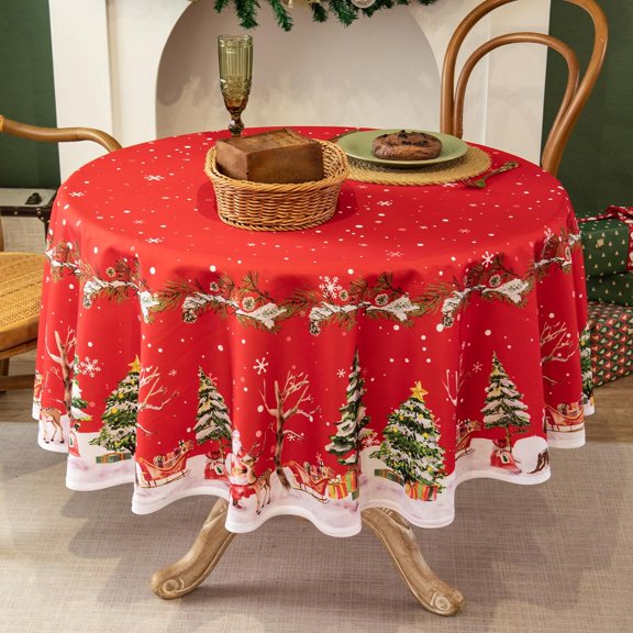 Christmas Waterproof Tablecloth – Red Holiday Table Cover with Santa Claus, Reindeer, Tree & Snowflake Design – Festive Dining Decor for Christmas Party and Home, 60" Round
