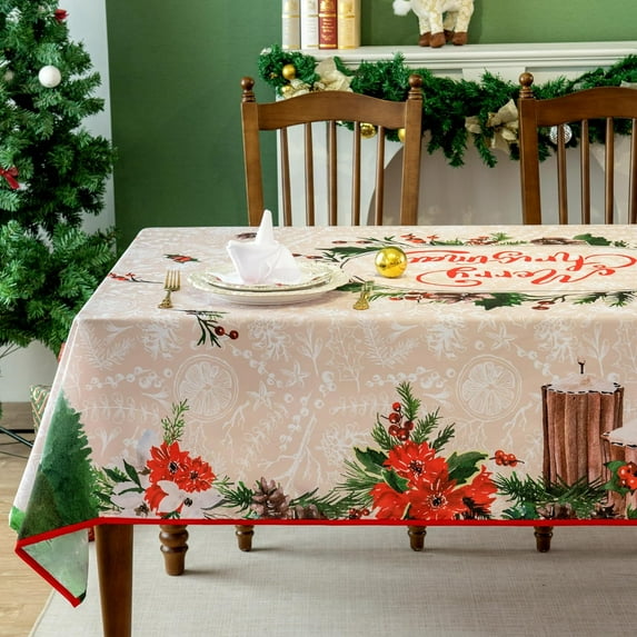 Christmas Waterproof Tablecloth \u2013 Beige Watercolor Christmas Tree, Red Flower & Pinecone Floral Design \u2013 Holiday Dining Table Cover for Xmas Party & Home Decor, W60 x L102 in