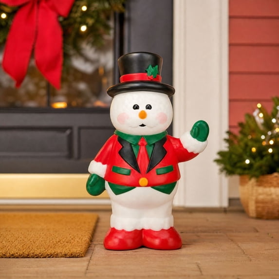 Christmas Waving Snowman Porch Statue, Cute Resin Snowman Figurine Wearing Top Hat and Suit, Versatile Holiday Decor for Indoor Outdoor Porch Yard Floor Home Layout