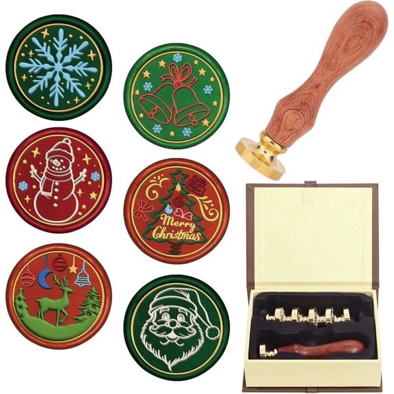Christmas Wax Seal Stamp Set 6Pcs 25mm Brass Heads 1pc Wood Handle Snowman Santa Snowflake Deer Jingle Bell Tree Sealing Kits for DIY handcrafting