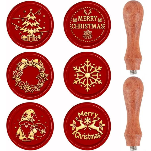 Christmas Wax Seal Stamp Set 6pcs Removable Sealing Brass Stamp Heads and 2pcs Wooden Handles Merry Christmas Retro Sealing Stamp for Gift Party Invitation Greeting Card