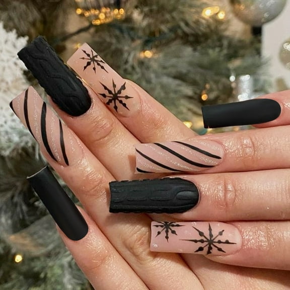 Christmas Wearable Nail Art - Sweater Pattern, Black Snowflake Cross - border False Nails, Wearable Nail Art Stickers