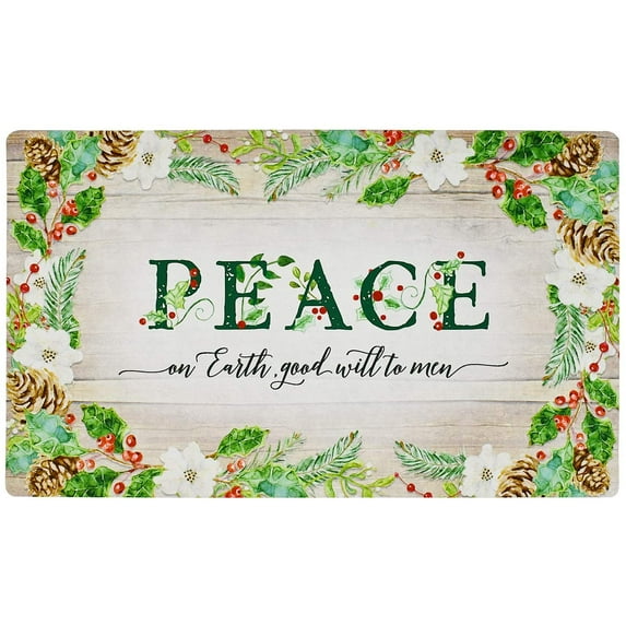 Christmas Welcome Doormat Front Door Mat, Rubber Back Non Slip Door Mat Entrance Rug Shoe Scraper 17.2" x 28.75", Low-Profile Printing Mat for Entry, Garage, Patio, High Traffic Areas (Green Peace)