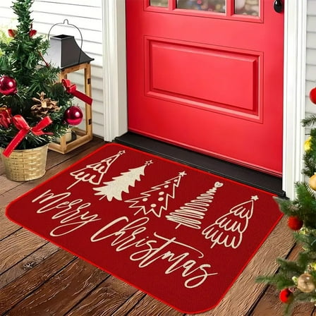 Christmas Welcome Doormat Non-Slip All Weather Holiday Floor Mat for Front Door Porch Indoor Outdoor Entryway Decor with Festive Tree Pattern