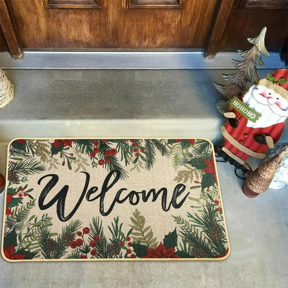 Christmas Welcome Doormat, Winter Outdoor Snowman Ice Cream Snowflake Xmas Tree Rug Decor Floor Front Door Mat Non-Slip Entrance Mat for Home Kitchen Bathroom Decorations