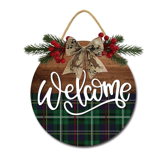 Christmas Welcome Front Door Sign Funny Wreaths Hanging Wooden Plaque Decoration Round Rustic Wood Farmhouse Porch Decor for Home Front Door Decor, 12 x 12 Inch